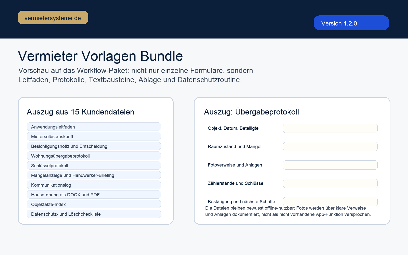 Vorschau auf das Vermieter Vorlagen Bundle mit Dateiauszug und Übergabeprotokoll